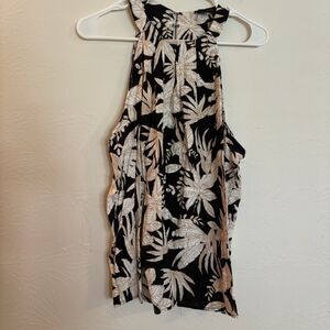 Nicole Miller NY Women's Large Sleeveless Linen Top Tank Beige Black High Neck